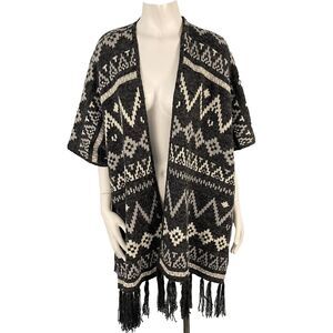 Debut Aztec Southwestern Native Boho Fringe Open Front Cardigan Sweater Cape S/M